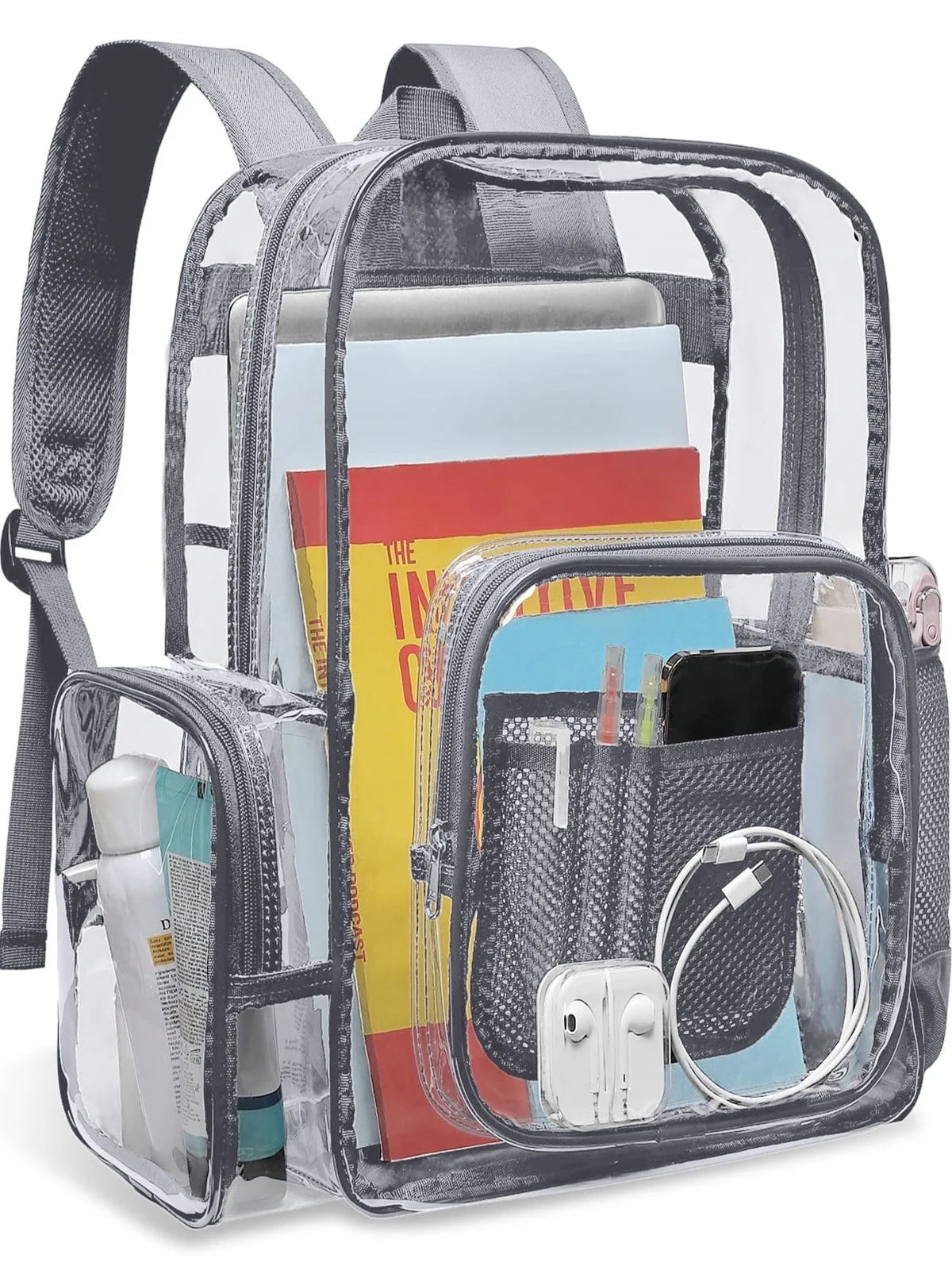 Clear Backpack Heavy Duty Stadium Approved Backpacks PVC for Adults Clear Bag Travel, Gray