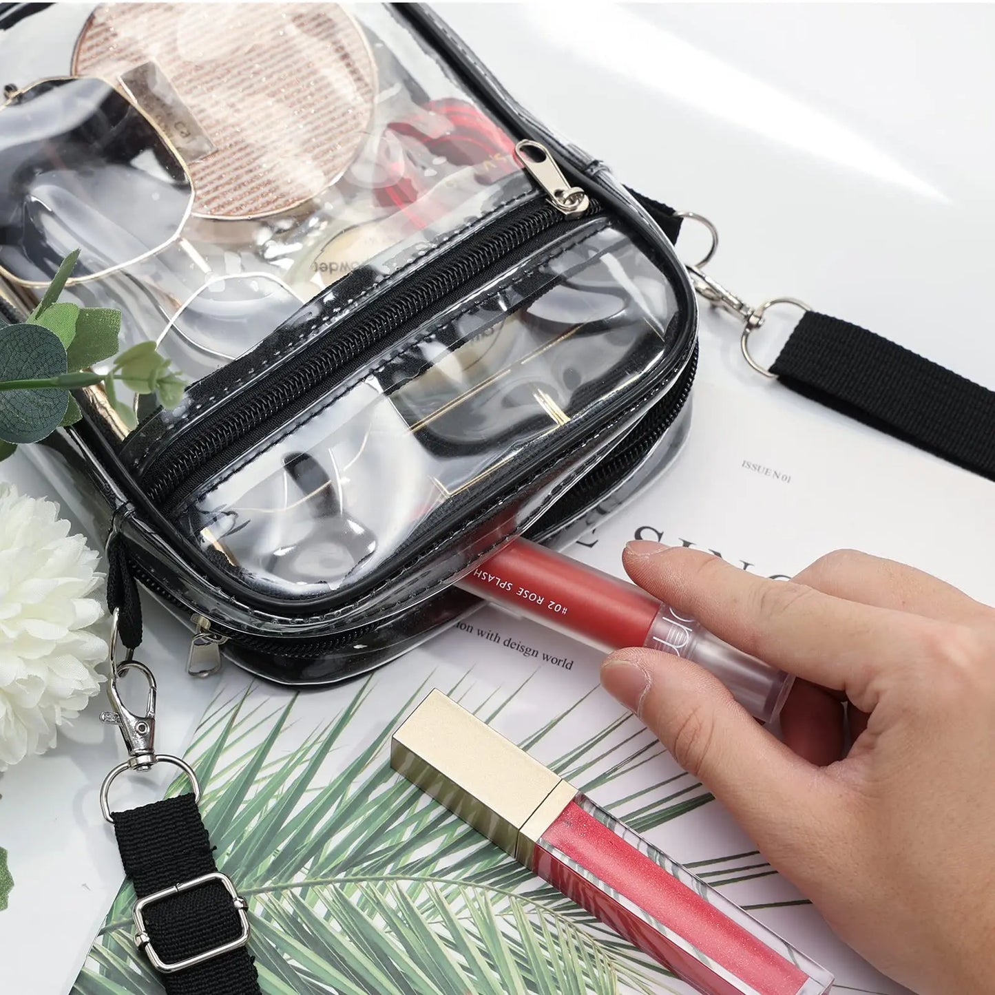 Women Clear Shoulder Bag Stadium Approved PVC Concert Transparent Purse Simple Crossbody Bag with Front Pocket Casual Handbag
