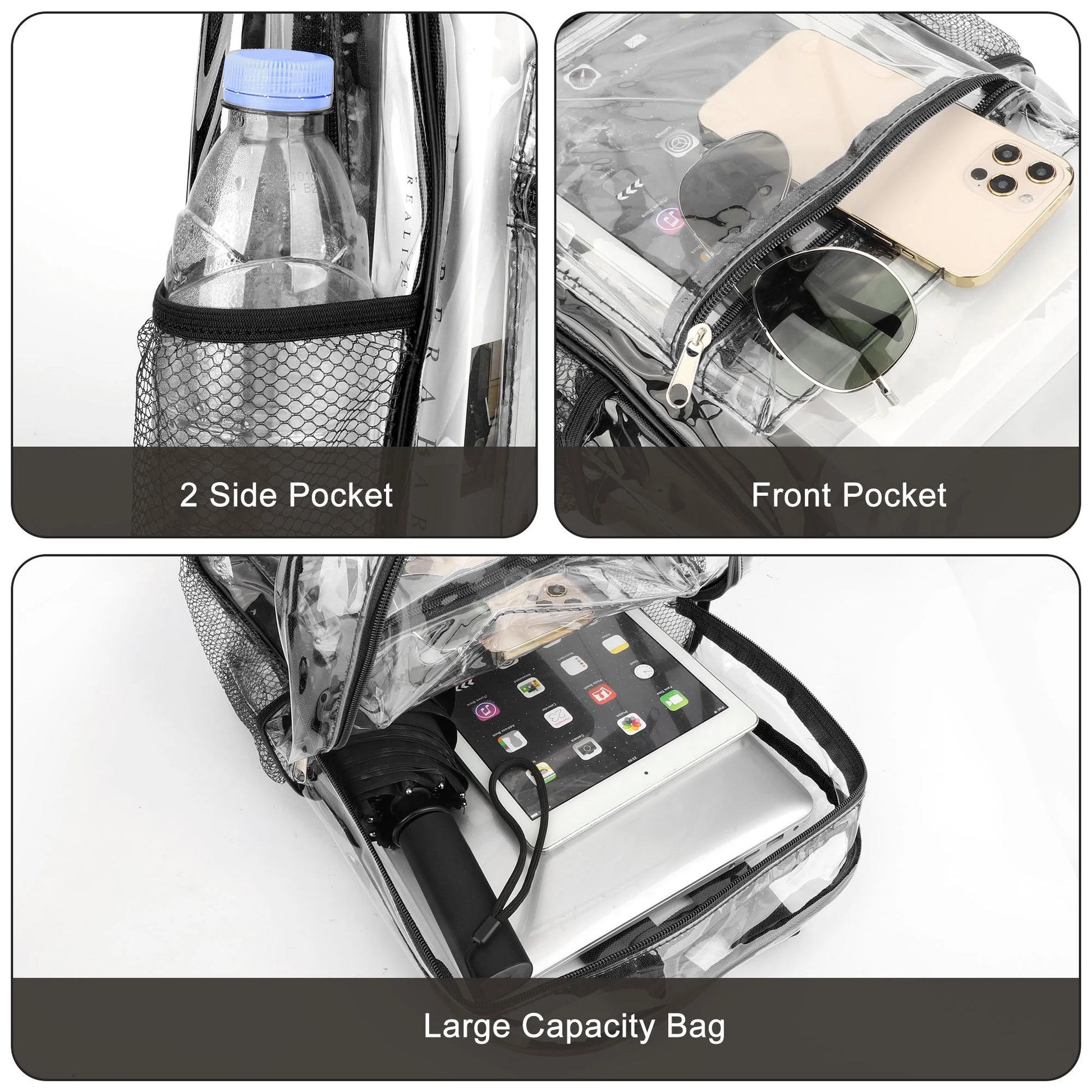 Clear Backpack, Heavy Duty PVC Transparent Backpack, See through Bookbag for Stadium,Travel, School, Black