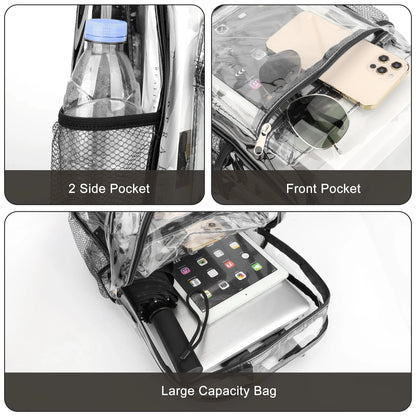 Clear Backpack, Heavy Duty PVC Transparent Backpack, See through Bookbag for Stadium,Travel, School, Black