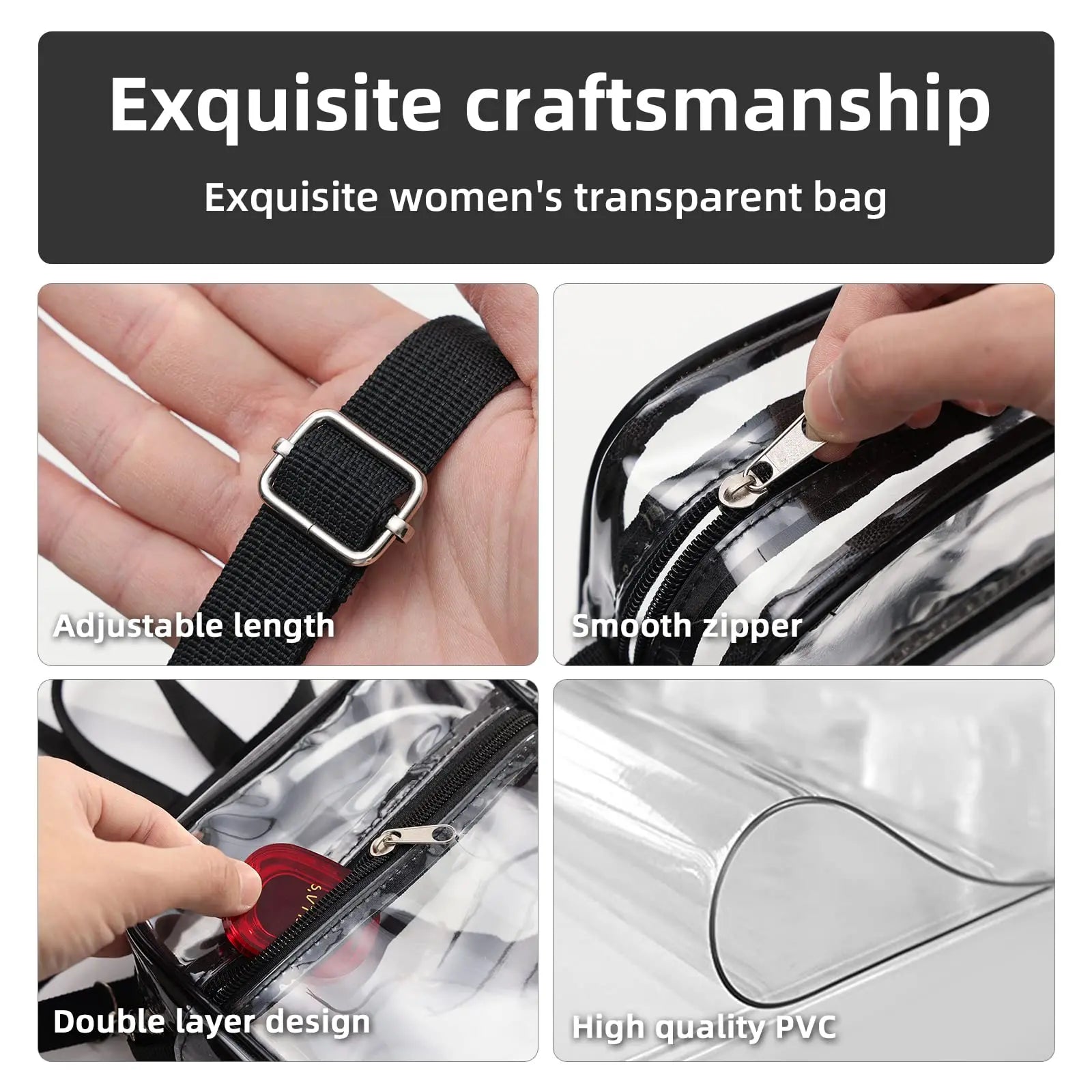 Women Clear Shoulder Bag Stadium Approved PVC Concert Transparent Purse Simple Crossbody Bag with Front Pocket Casual Handbag