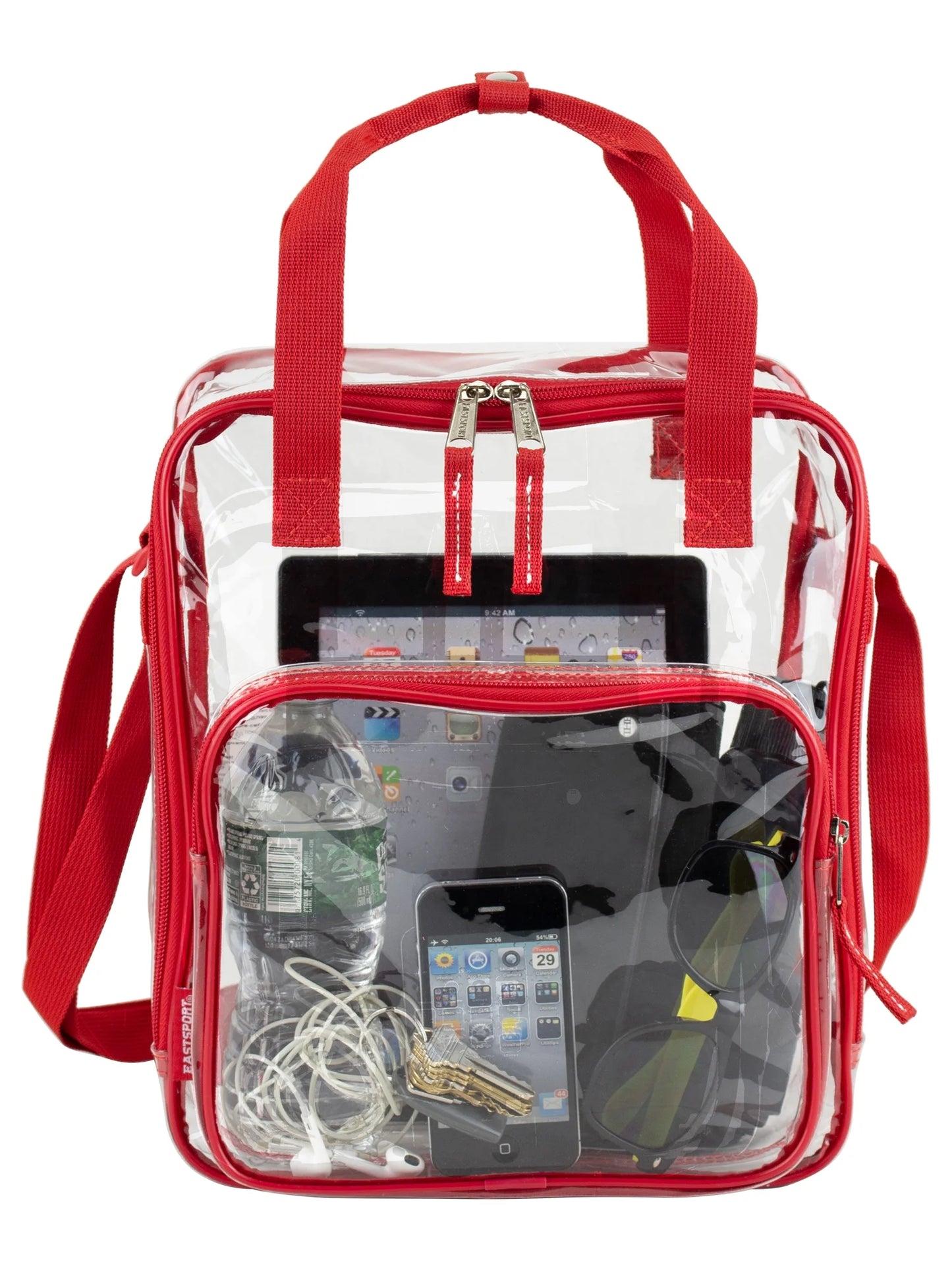 Unisex Clear Double Handle Stadium Approved Tote, Red Trim
