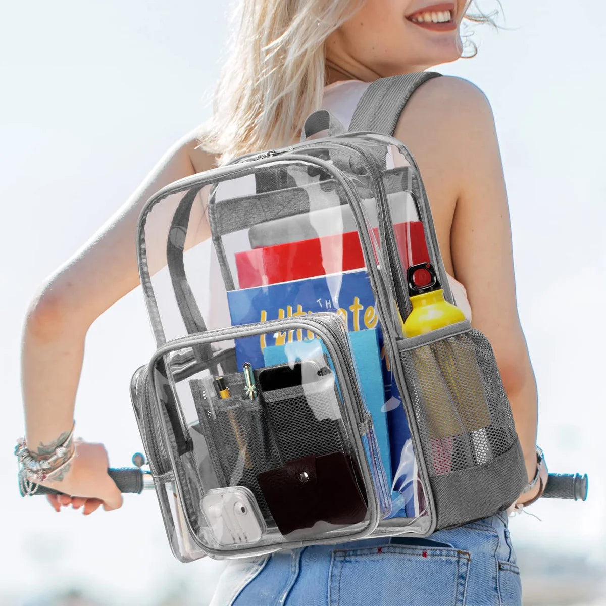 Clear Backpack Heavy Duty Stadium Approved Backpacks PVC for Adults Clear Bag Travel, Gray