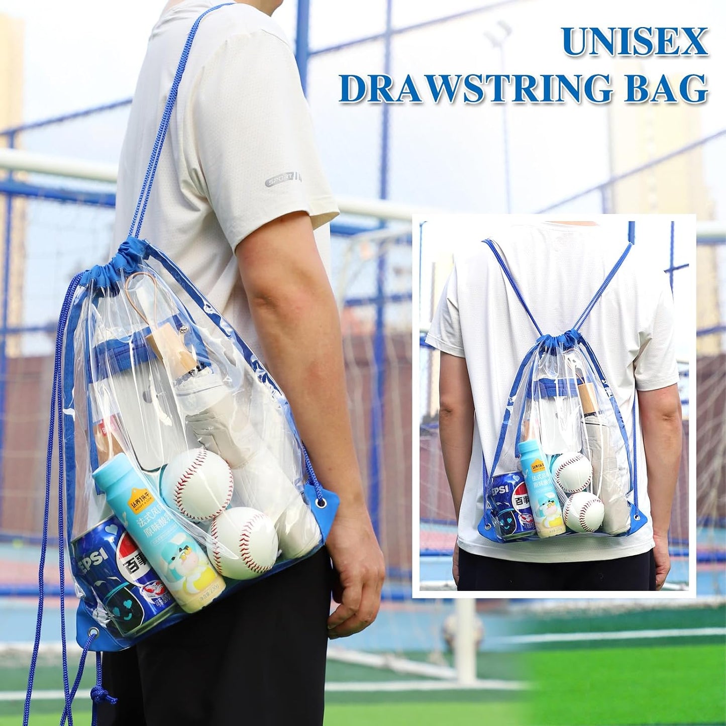 Clear Drawstring Bags, Transparent Storage Backpack for Stadium Approved,2 Pieces, Concert Baseball Festival Beach Makeup Bag (1, Blue)