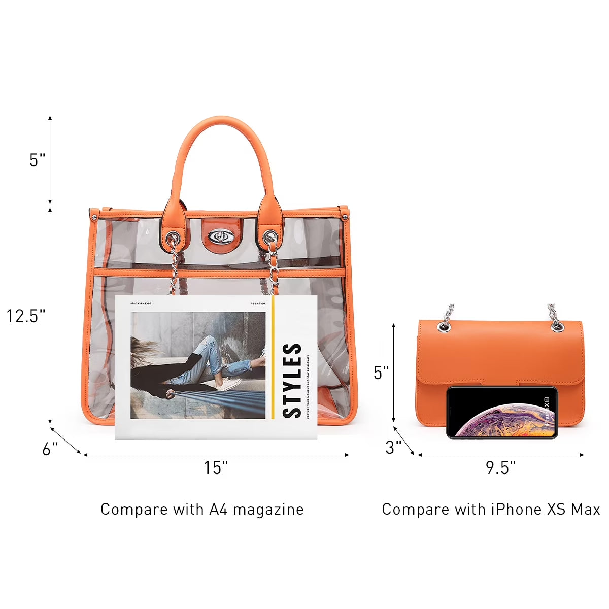 Women Large Clear Tote PVC Purse Ladies Top Handle Shoulder Handbag Transparent Satchel 2 Pcs Bag Set