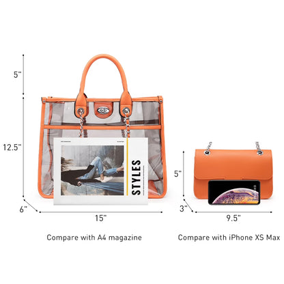 Women Large Clear Tote PVC Purse Ladies Top Handle Shoulder Handbag Transparent Satchel 2 Pcs Bag Set