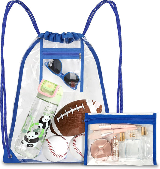 Clear Drawstring Bags, Transparent Storage Backpack for Stadium Approved,2 Pieces, Concert Baseball Festival Beach Makeup Bag (1, Blue)