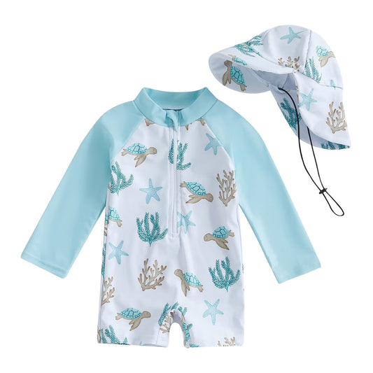 Boys UPF 50+ Long Sleeve Zipper Rash Guard One Piece Sun Protection Swimwear,0-3 Months White