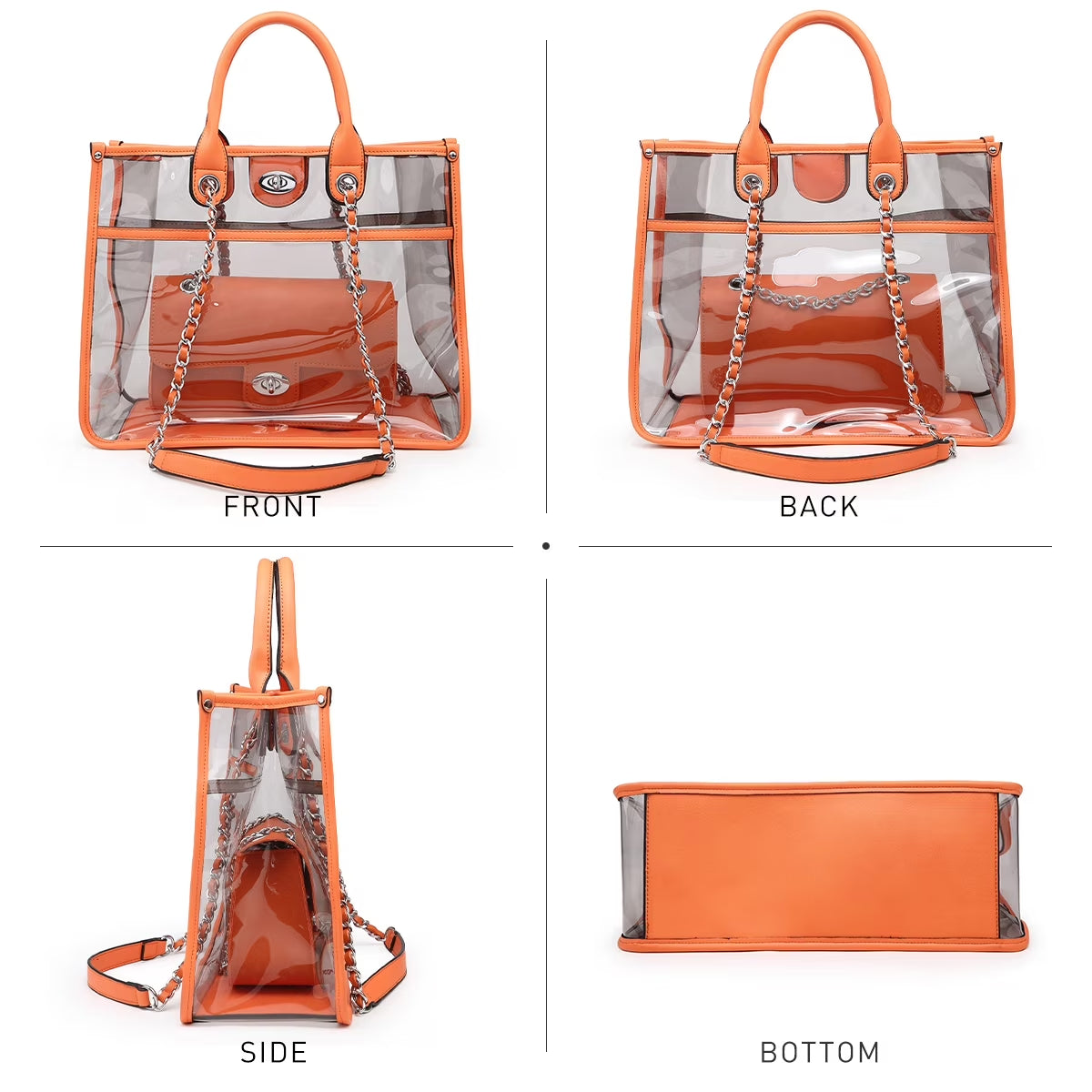 Women Large Clear Tote PVC Purse Ladies Top Handle Shoulder Handbag Transparent Satchel 2 Pcs Bag Set