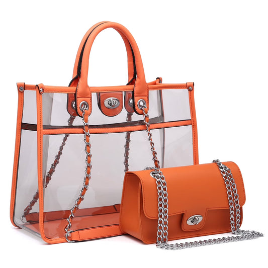 Women Large Clear Tote PVC Purse Ladies Top Handle Shoulder Handbag Transparent Satchel 2 Pcs Bag Set