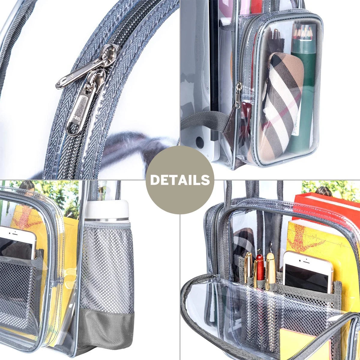 Clear Backpack Heavy Duty Stadium Approved Backpacks PVC for Adults Clear Bag Travel, Gray