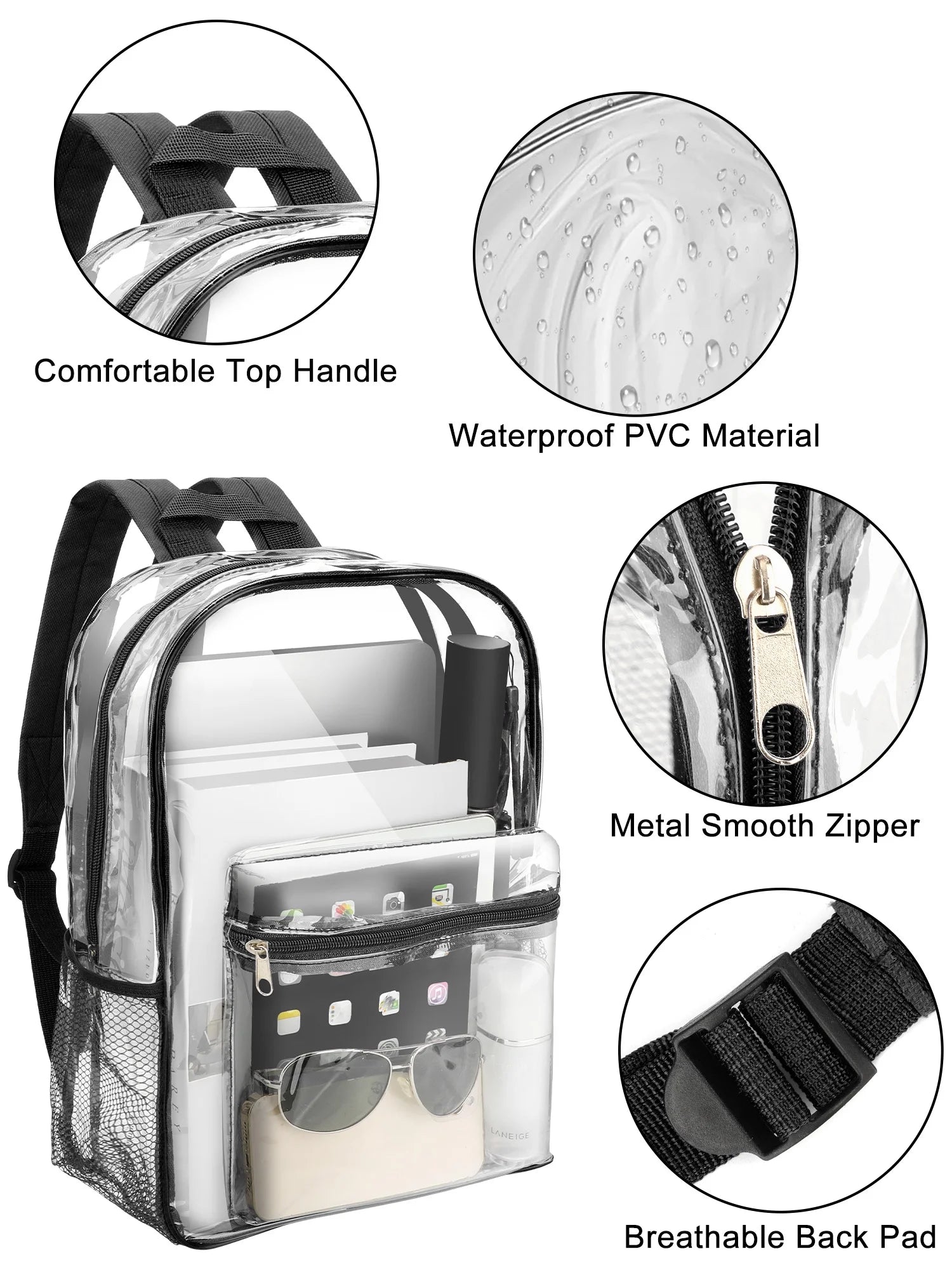 Clear Backpack, Heavy Duty PVC Transparent Backpack, See through Bookbag for Stadium,Travel, School, Black