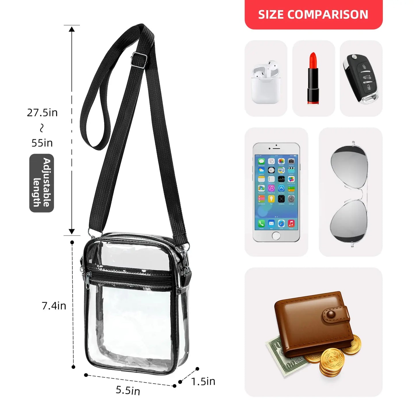 Women Clear Shoulder Bag Stadium Approved PVC Concert Transparent Purse Simple Crossbody Bag with Front Pocket Casual Handbag